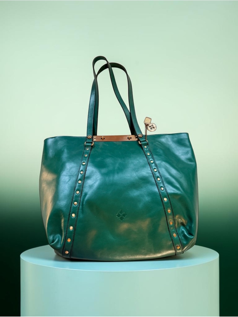 Patricia Nash Benvenuto Studded Green Leather Large Tote Bag Purse Vtg Style